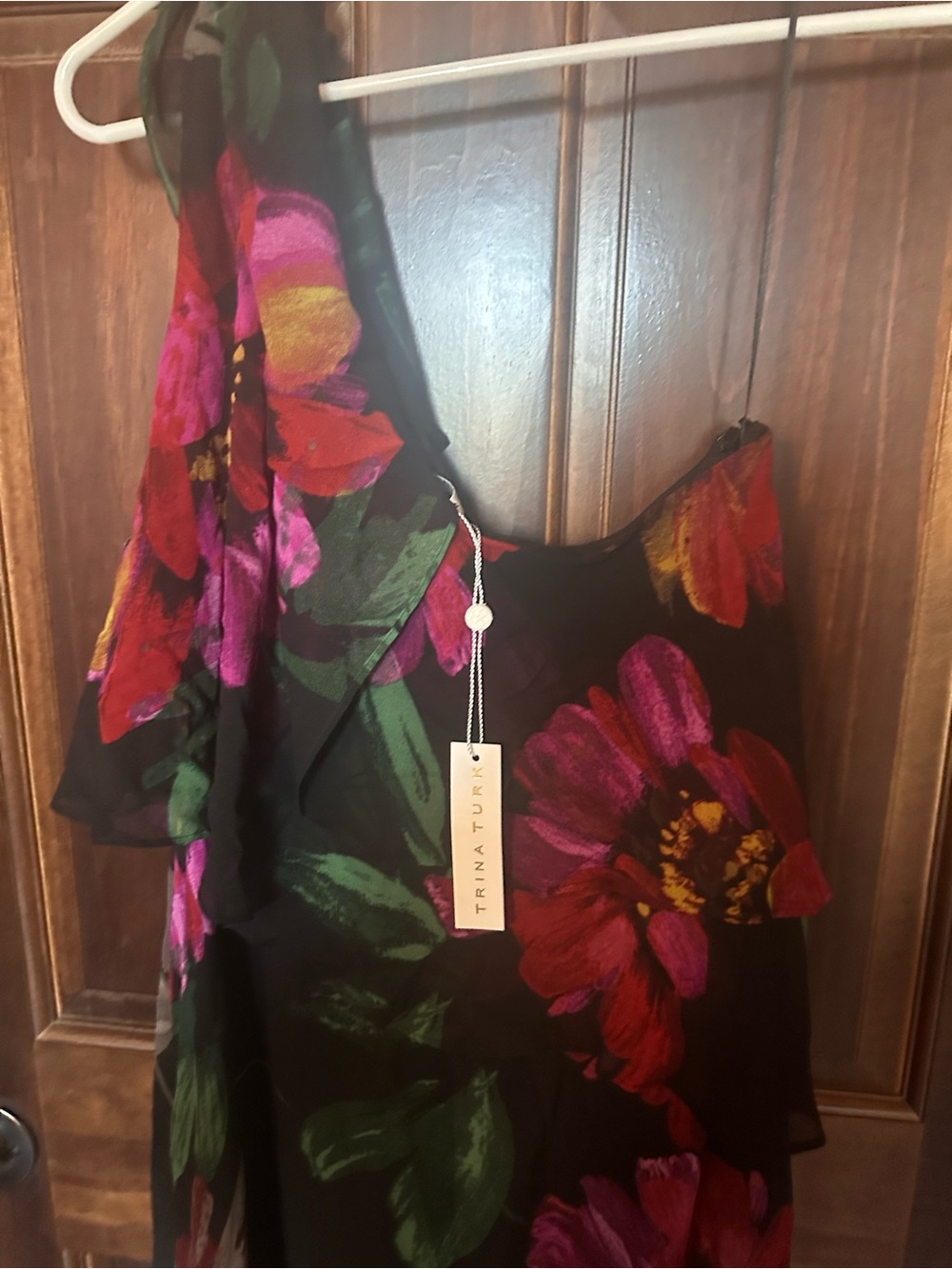 Trina Turk Black One-Shoulder Floral Dress with Pink & Red Blooms